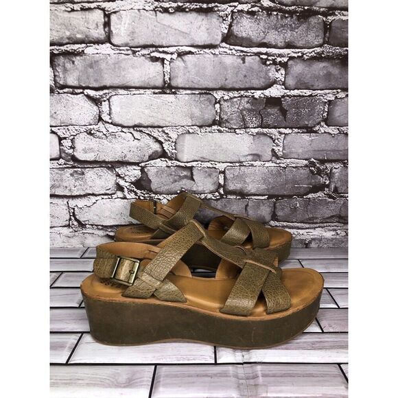 Kork-Ease Olive Green Leather Platform Wedge Ankle Strap Sandals Women Sz 7M US - Picture 1 of 16